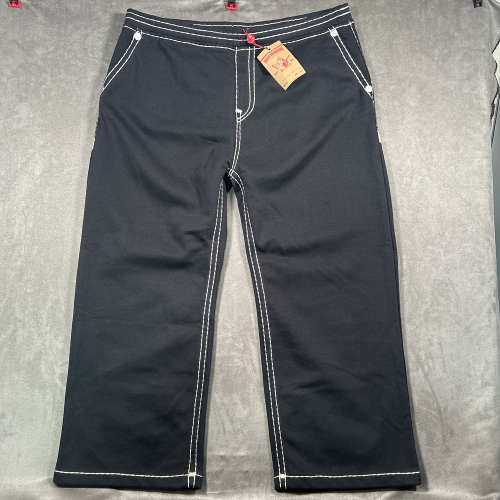 True Religion Super T Relaxed Fleece Pant Jet Black White Stitch 3XL 108869C NWT